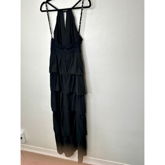 BCBGMAXAZRIA Black Lace Tiered Ruffle Low Back Keyhole Front Maxi Dress 4 - Picture 8 of 16